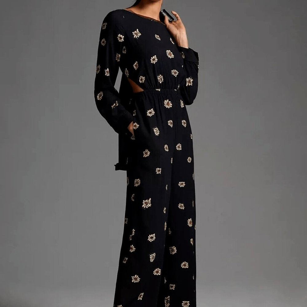 NWT Farm Rio Long-Sleeve Cutout Jumpsuit (Black Floral)